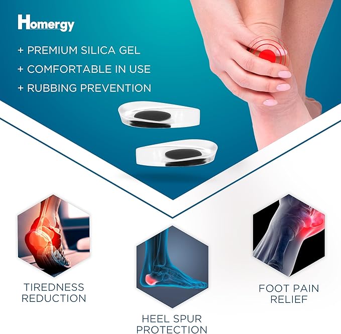 Heel Cups for Achilles Tendonitis & Plantar Fasciitis - 2 Pack Gel Shoe Inserts for Heel Pain Relief, Arch Support, for Women & Men