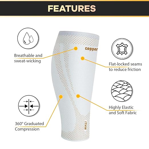 Copper Calf Compression Sleeves for Men & Women - High Stretch Graduated Compression with Anti-Slip Grip | Breathable & Smooth Lining Footless Design for Runners, Shin Splints, Leg Fatigue & Travel (Light Gray, Small)