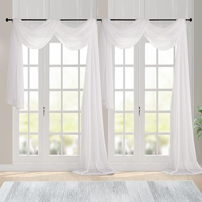 Chyhomenyc Ivory Sheer Scarf Valances for Windows 216 Inch Extra Long, Window Scarf Drapes Rod Pocket Backdrop for Wedding Arch Draping/Party/Canopy Bed/Living Room, 2PC, 18 Feet Length