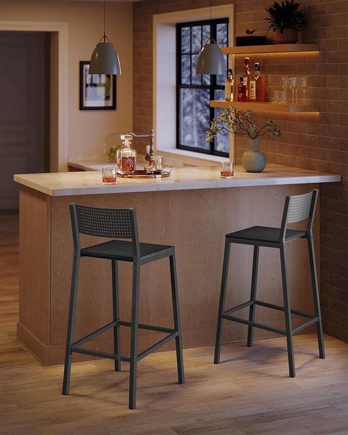 VASAGLE Bar Stool Set of 2, Bar Chairs for Kitchen, Dining Room, Industrial, Charcoal Gray and Black ULBC070B22