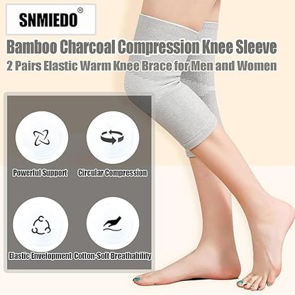 Bamboo Charcoal Compression Knee Sleeve - 2 Pairs Elastic Warm Knee Brace for Men and Women - Compression Knee Pads for Arthritis (Black+Gray, Medium)