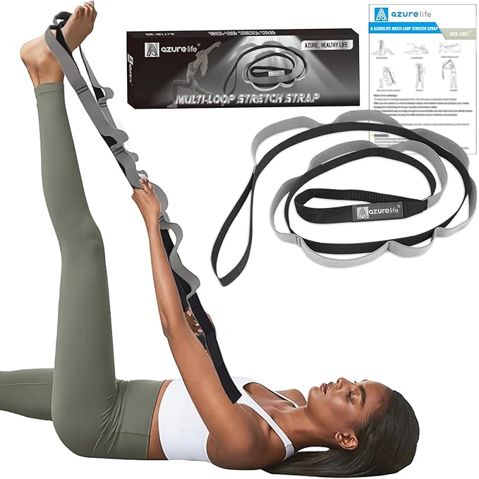 A AZURELIFE Half-Elastic Stretch Straps with 11 Loops, Stretching Strap for Physical Therapy, Multi-Loop Yoga Strap Fitness Exercise Strap for Yoga, Pilates, Dance, Flexibility&Exercise