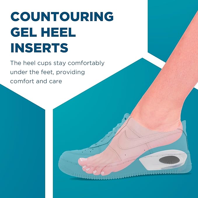 Heel Cups for Achilles Tendonitis & Plantar Fasciitis - 2 Pack Gel Shoe Inserts for Heel Pain Relief, Arch Support, for Women & Men