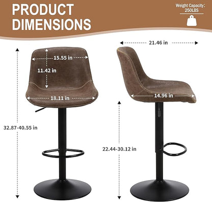 Bar Stools, Swivel Counter Height Barstools with Back, Adjustable Modern Bar Chairs, Tall Armless PU Leather Kitchen Island Stool (Brown, Set of 1)