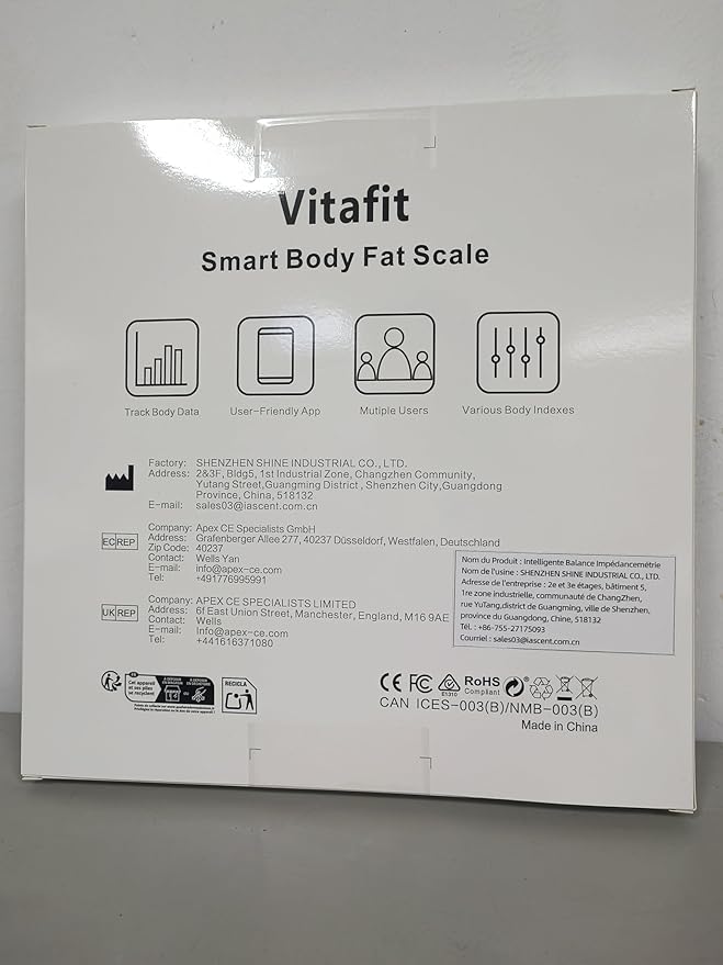 Vitafit Smart Bathroom Scale for Body Weight, Weight Scale Professional Factory Since 2001, App Sync 13 Body Composition Analyzer BMI, Body Fat and Muscle, 400lb, LED, Black