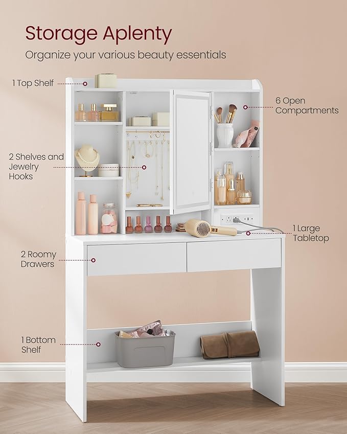 VASAGLE Vanity Desk with Power Outlets, Makeup Vanity with Mirror and Lights, Upholstered Vanity Stool, Dimmable LED Lights, 6 Compartments, 2 Drawers, for Bedroom, Cloud White URDT031W01