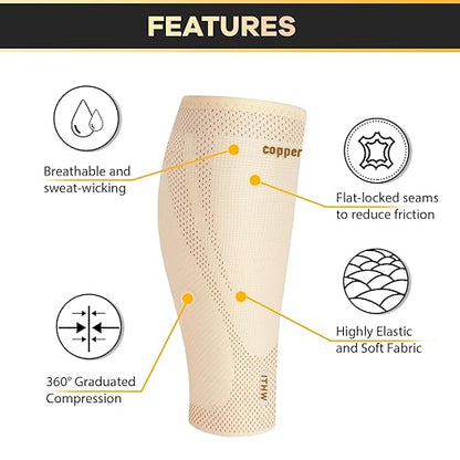 Copper Calf Compression Sleeves for Men & Women - High Stretch Graduated Compression with Anti-Slip Grip | Breathable & Smooth Lining Footless Design for Runners, Shin Splints, Leg Fatigue & Travel (Nude, X-Large)