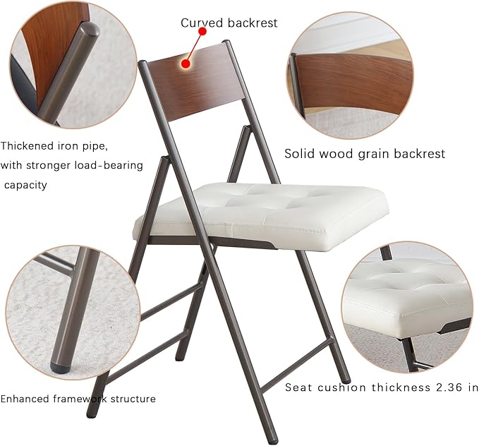 2 Pack Folding Chairs with Thick Padded Seat,Heavy Duty Steel Frame Foldable Dining Chairs with Soft Cushion Set of 2,Portable Indoor Outdoor for Home Kitchen,Office,Events,Wedding(White)
