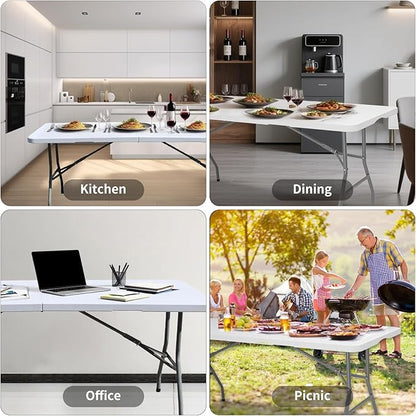 6 FT Folding Table for Indoor Outdoor, Portable Heavy Duty Folding Camping Tables for Eating, Fold-in-Half Plastic Dining Picnic Party Utility Card Table with Carrying Handle, 71x29 inch