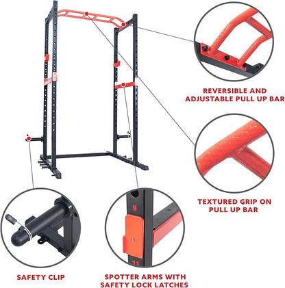Sunny Health & Fitness Power Zone Strength Rack Power Cage - 1000 LB Weight Capacity, Spotter Bar, Angled Pull-Up Bar, J-Hooks, Resistance Band Pins, Optional LAT Pull Down