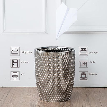 Modern Round Silver Small Trash Can Wastebasket, Garbage Container Bin for Bathrooms, Powder Rooms, Kitchens, Home Offices - Durable Ceramics - Round