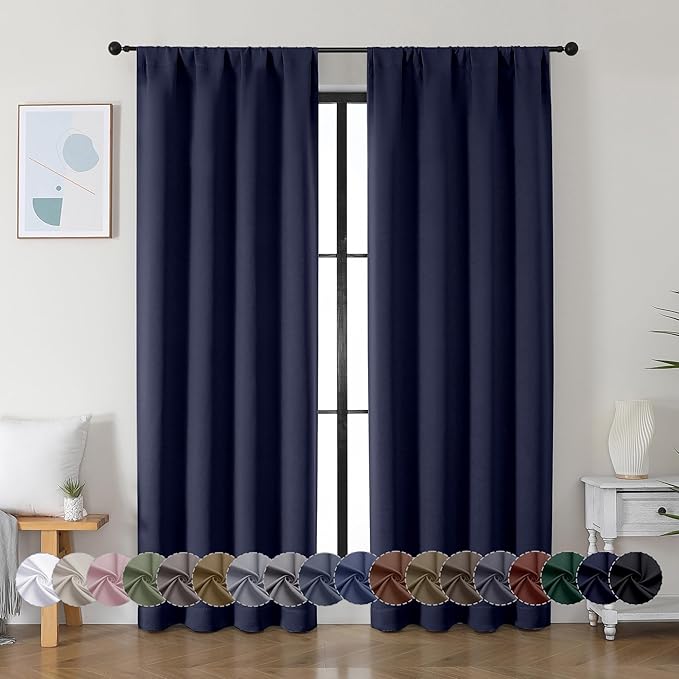 Simplebrand Ava Navy Blue Blackout Curtains for Bedroom 84 Inch Length 2 Panels Set, Solid Thermal Insulated Privacy Living Room Window Treatment Curtains Blackout Drapes, W40 x L84 Inch, Navy Blue