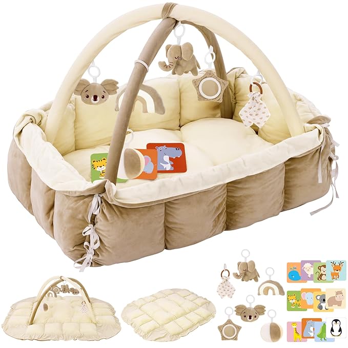 5-in-1 Plush Baby Play Gym, Baby Play Mats, Convertible Baby Gym, Tummy time mat, 6 Sensory Toys, Activity Center, Ball Pit, Cream