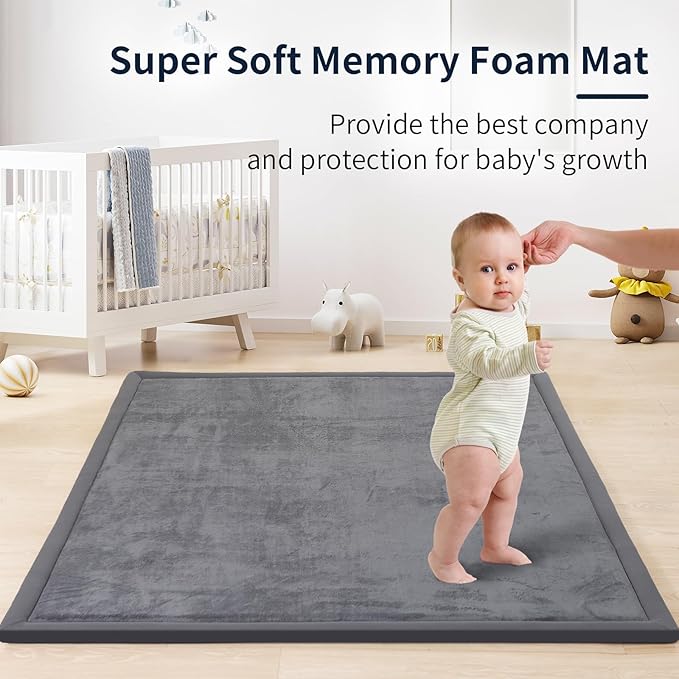 ACOMOPACK Baby Play Mat for Floor 1.3" Thick Memory Foam Play Mat 59"×71" Tummy Time Crawling with Non-slip Bottom for Living Room,Nursery,Soft Velvet Playpen Mats for Kids,Infants（Dark Grey）