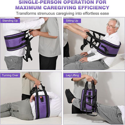 Rhino Valley Transfer Sling, Gait Belt with 10 Padded Handles, Non-Slip Nursing Transfer Belt, Safety Standing and Lifting Aid for Disabled, Elderly, Seniors, Injured, Purple+Black