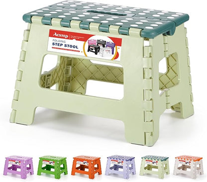 ACSTEP 9 Inch Folding Step Stool 300 LB Capacity Plastic Foldable Step Stools for Kids and Adults, Folding Stool Suitable for Kitchen, Stepping Stool with Handle Bicolor Green Small Step Stool 1PC