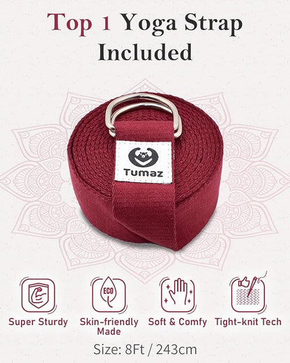Tumaz Yoga Bolster Set - Rectangular Bolster Pillow for Restorative Yoga, Soft Meditation Pillow with Carry Handle and 8-Feet Strap, Machine Washable Cover