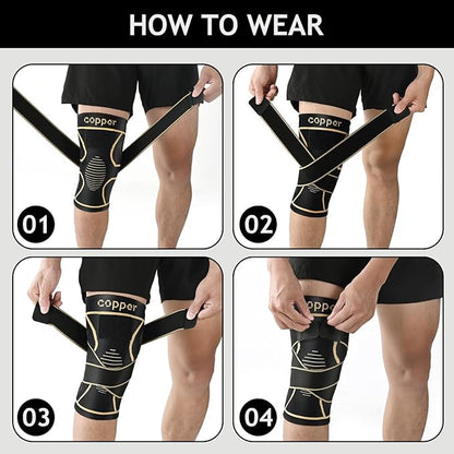 JHVW Copper Knee Brace for Women Men 2-Pack, Knee Compression Sleeve with Straps, Knee Braces for Knee Pain, Knee Support for Running Working
