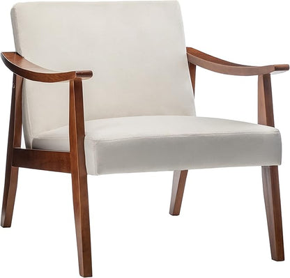 Container Furniture Direct Accent Chair with Velvet Upholstery and Solid Wood Frame, Classic Mid-Century Modern Living Room Furniture for Extra Seating, Cream White