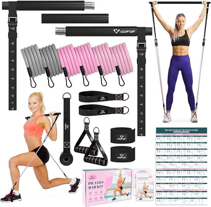 COFOF Pilates Bar Kit with Resistance Bands, Multifunctional Yoga Pilates Bar with Heavy-Duty Metal Adjustment Buckle, Portable Home Gym Pilates Resistance Bar Kit for Women Full Body Workouts