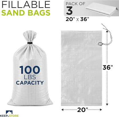 Heavy Duty Sand Bags Pack of 3, White Empty Sandbags with Built-In Ties, Woven Polypropylene UV Protection 1600 Hours, Fillable Bags for Flood Control, Weight, 20x36 inches, 100 Pounds Volume