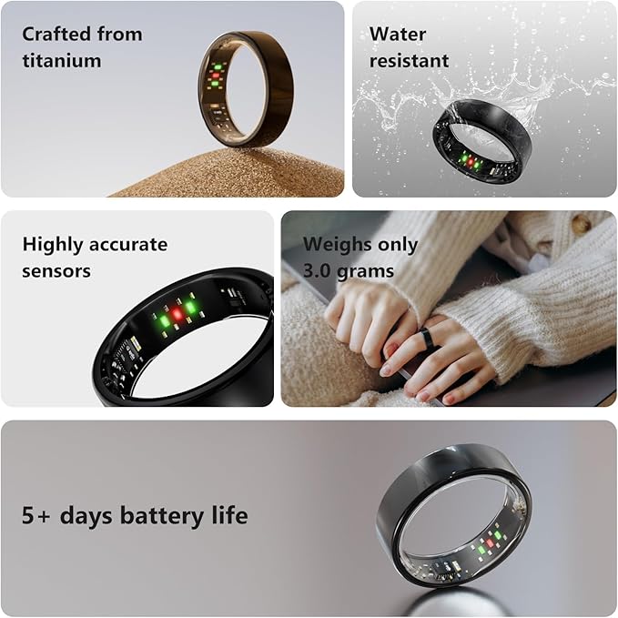 Titanium Smart Ring, Sleep & Activity Tracking Ring with Heart Rate, HRV, Stress Insights, 7-Day Battery Life, No Subscription, IP68 Waterproof, iOS & Android Compatible (Black, 12)