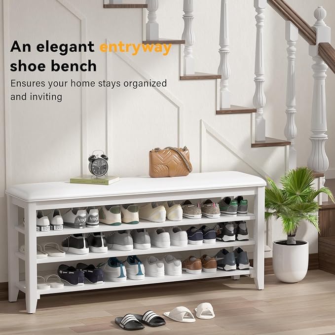Shoe Bench Storage Rubberwood with Leather Cushion for Entryway Bench Ideal for Hallways Shoe Rack Front Doors Entrances Mudrooms Featuring 3 Height-Adjustable and Removable Shelves
