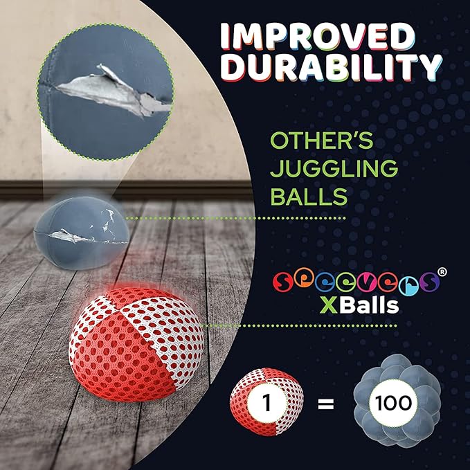 speevers Juggling Balls for Beginners and Professionals Set of 3, 14 Colors Available, 2 Layers of Net and Carry Case, Xballs Juggling Balls (Red - White, 3.2 oz)