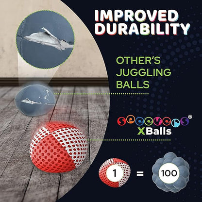 speevers Juggling Balls for Beginners and Professionals Set of 3, 14 Colors Available, 2 Layers of Net and Carry Case, Xballs Juggling Balls (Red - White, 3.9 oz)