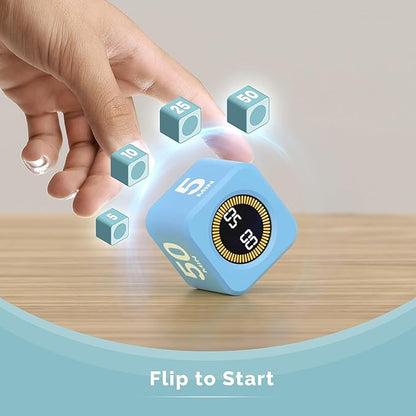 KADAMS Pomodoro Timer – Visual Cube with 5/10/30/60 Min Presets, LED Countdown Ring & Count Up Mode, Silent Flip Productivity Timer for Study, Classroom, Office, Cooking (Blue 5-10-25-50 min)