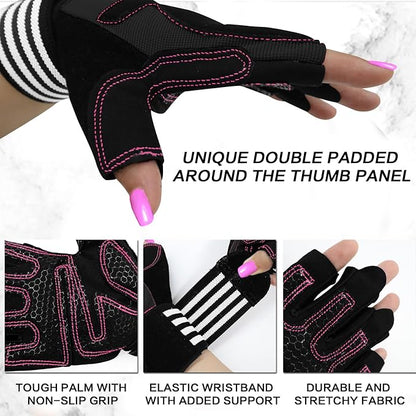 Weight Lifting Gloves for Women Gym Workout with Wrist Support,Padded Half Finger Gloves for Fitness Exercise