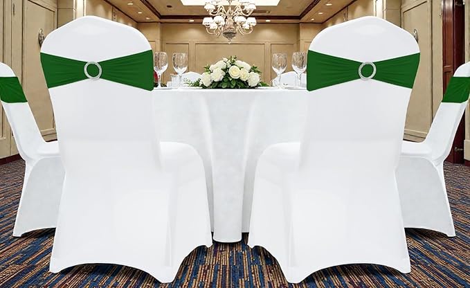 MDS Pack of 100 Spandex Chair Sashes Bow Premium Stretch Chair Cover Band with Buckle Slider Universal fits Elastic Dining Chair Ties for Wedding Party Banquet Events Decoration - Green