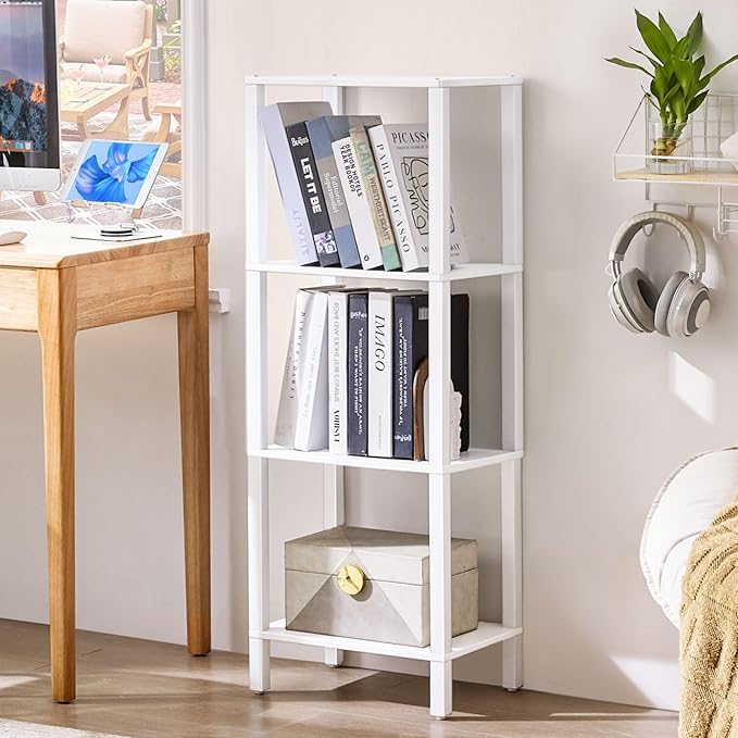 4 Tier Tall Wooden Bookshelf with Storage - Small White Bookcase for Small Spaces, Shelf for Living Room, Office, Bedroom, Kitchen - Industrial Modern Book Shelf