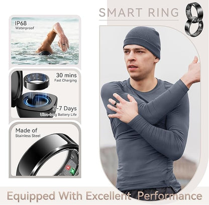Smart Ring for Men, Fitness & Activity Tracker with Blood Pressure/Heart Rate Monitor, Sleep Tracker, Step Counter, IP68 Waterproof Ring for iOS & Android, Fast Charge, No Subscription (Black,Size9）