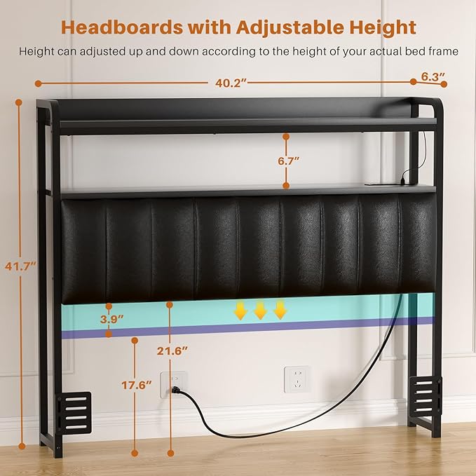 Aheaplus Headboard for Twin Size Bed Frame, Upholstered Headboards with Outlets, USB Ports and LED Light, Leather Head Board with Storage, Height Adjustable, Comfortable Headboard, Twin Size, Black