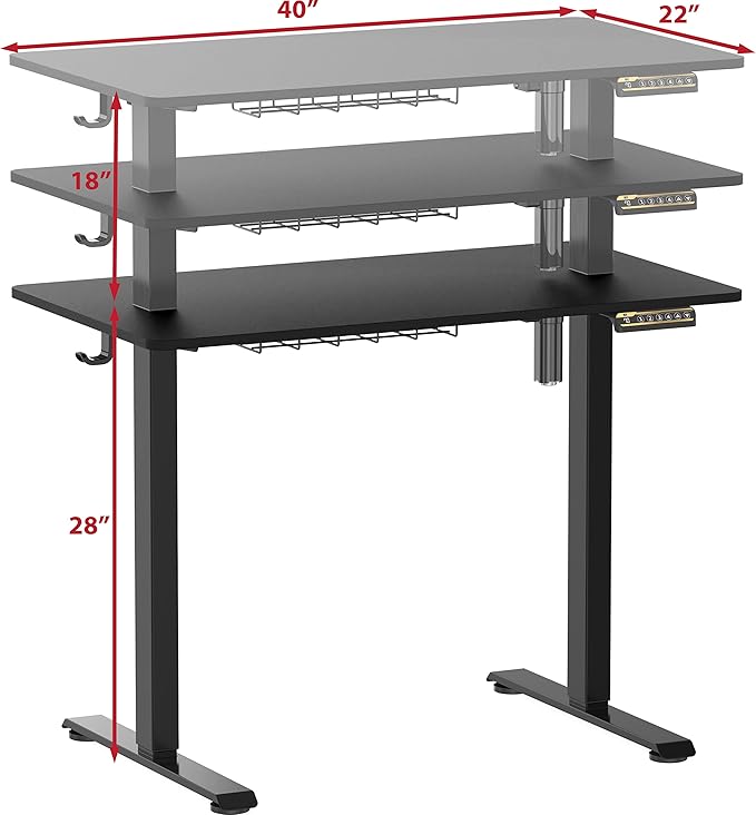 SHW 40 x 22 Inches Electric Height Adjustable Sit to Stand Desk with Hanging Hooks and Cable Management, Black Frame and Black Top