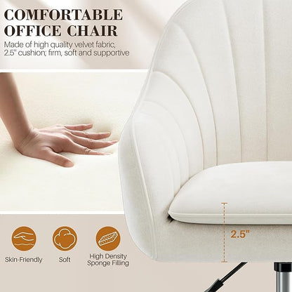 Comfy Home Office Desk Chairs Vanity Chair with Wheels Adjustable Modern Velvet Makeup Vanity Chairs for Bedroom Living Room（White）
