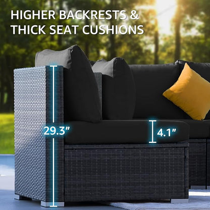NICESOUL 7 Piece Outdoor Patio Sectional Furniture Set with Firepit Natural Gas/Propane, 29.3'' High-Back Comfy Conversations for Outside, Oversized Wide Wicker Couches, 2 Color Cushion Black & Gray