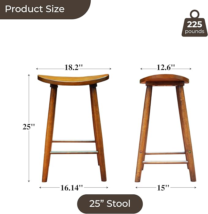 Nora 25" Counter Height Bar Stool, Backless Wooden Stool with Saddle Seat, Solid Rubber Wood Construction, Brown Finish, Ideal for Kitchen Island & Home Bar Seating