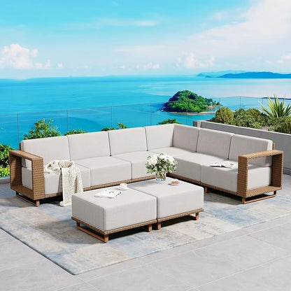 L Shaped Patio Furniture,Outdoor Rattan Wicker Sectional Sofa with 10''Ultra-Thick Cushions,All Weather Patio Conversation Set for Lawn Garden Backyard,Beige