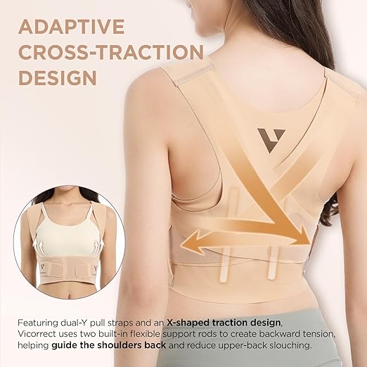 Vicorrect Adjustable Posture Corrector for Women: Comfortable Fit for Body Types - Invisible Under Clothes Wearable for Sitting and Exercise - Helps with Upper Back Shoulder Neck Pain (Beige, Large)