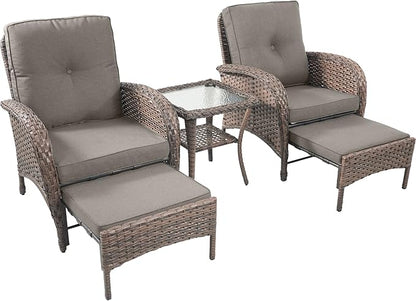 Rilyson 5 Piece Patio Furniture Set - Wicker Balcony Furniture Set with Hidden Ottomans, Rattan Outdoor Patio Chairs with Side Table for Porch Deck Poolside Garden Brown/Grey