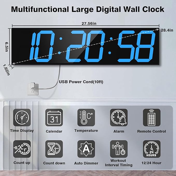 CHKOSDA Digital Wall Clock with Large Display, 28.4‘’LED 6-Digit Large Digital Clock with Adjustable Brightness, Multifunction Gym Clock with Countdown,Stopwatch and Workout Interval Timing (Blue)