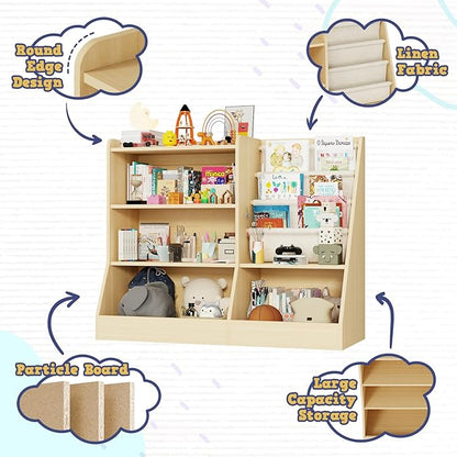39" Large Kids Wooden Bookshelf and Toy Storage Organizer, Baby Bookcase with Sling Book Rack, Children Toddler Wooden Book Shelf for kids rooms, Playroom, Classroom, Nursery, School (Natural)