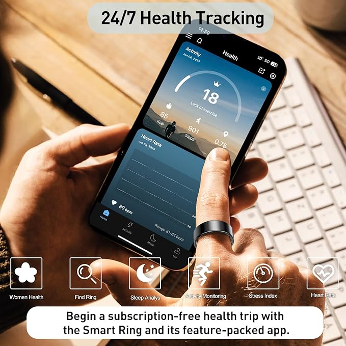 Smart Ring Health Tracker, Sleep&Exercise Monitor Heart Rate,Blood Oxygen,Fitness Trackers for Man&Women -Long Lasting Batteries,Waterproof Sleep Tracking Wearable (Rose Gold, 8)