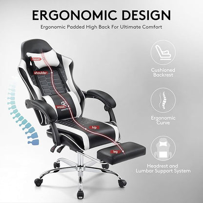 Gaming Chair,Computer Office Chair with Footrest,Massage Lumbar Support and Gel Pad,Ergonomic Reclining Adjustable Leather Gamer Chair with Headrest and Spring Cushion Black White