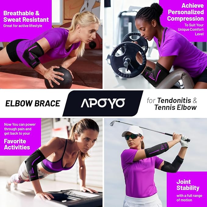APOYO Elbow Brace for Tendonitis and Tennis Elbow, Elbow Compression Sleeve, Elbow Brace for Women and Men w/ Adjustable Strap for Tennis Elbow Relief, Weightlifting, Arthritis, Workouts, Reduce Joint Pain During Fitness Activity (Purple, XX-Large)