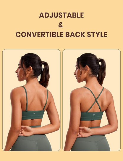 CRZ YOGA Butterluxe V-Neck Sports Bras for Women - Adjustable Thin Straps Padded Yoga Top Basic Wireless Camisole
