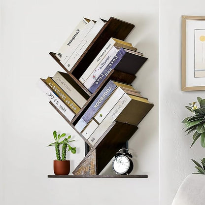 5 Tier Tree Bookshelf Floating Book Shelves for Wall Mount, Wooden Hanging Shelves Storage for Displaying Books/CDs/Magazine, Unique Wall Bookcase Organizer Shelves for Home, Office, Living Room