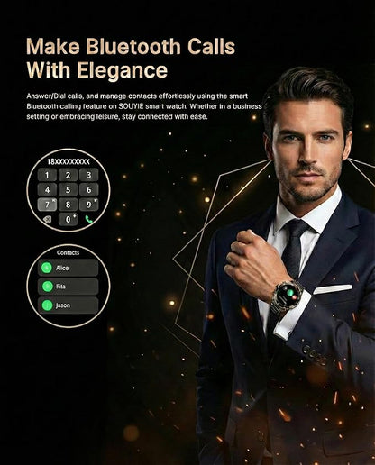 SOUYIE Men's Smart Watch with Bluetooth Call, 1.43" AMOLED Round Dial, Luxury Stainless Steel & Silicone Bands, Business Sport Fitness Tracker, Heart Rate/Blood Pressure/Sleep Monitor for iOS Android